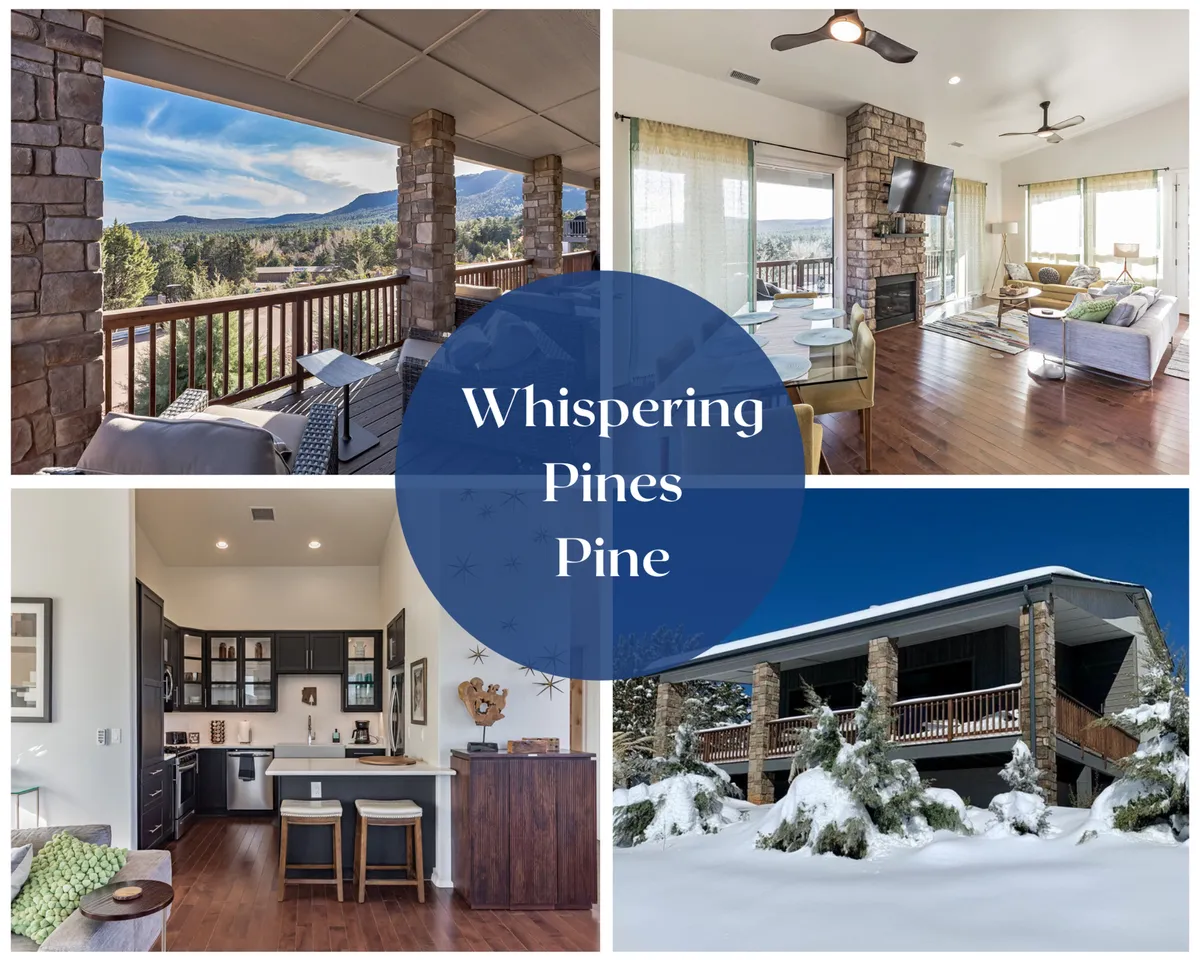 The image showcases a modern single-family home set against a breathtaking mountain backdrop. A spacious deck invites guests to enjoy sunrise views and gather outdoors, while large windows reveal a glimpse of a stylish open living area and contemporary kitchen. The tranquil setting is surrounded by tall pines, highlighting the property's blend of nature and upscale comfort.